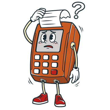 Card machine mascot confused by its own receipt