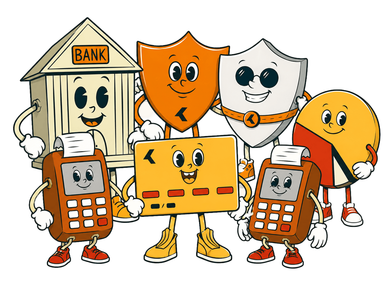 The whole Kairos crew: bank, card, shield, pie chart, and card machine mascots standing together