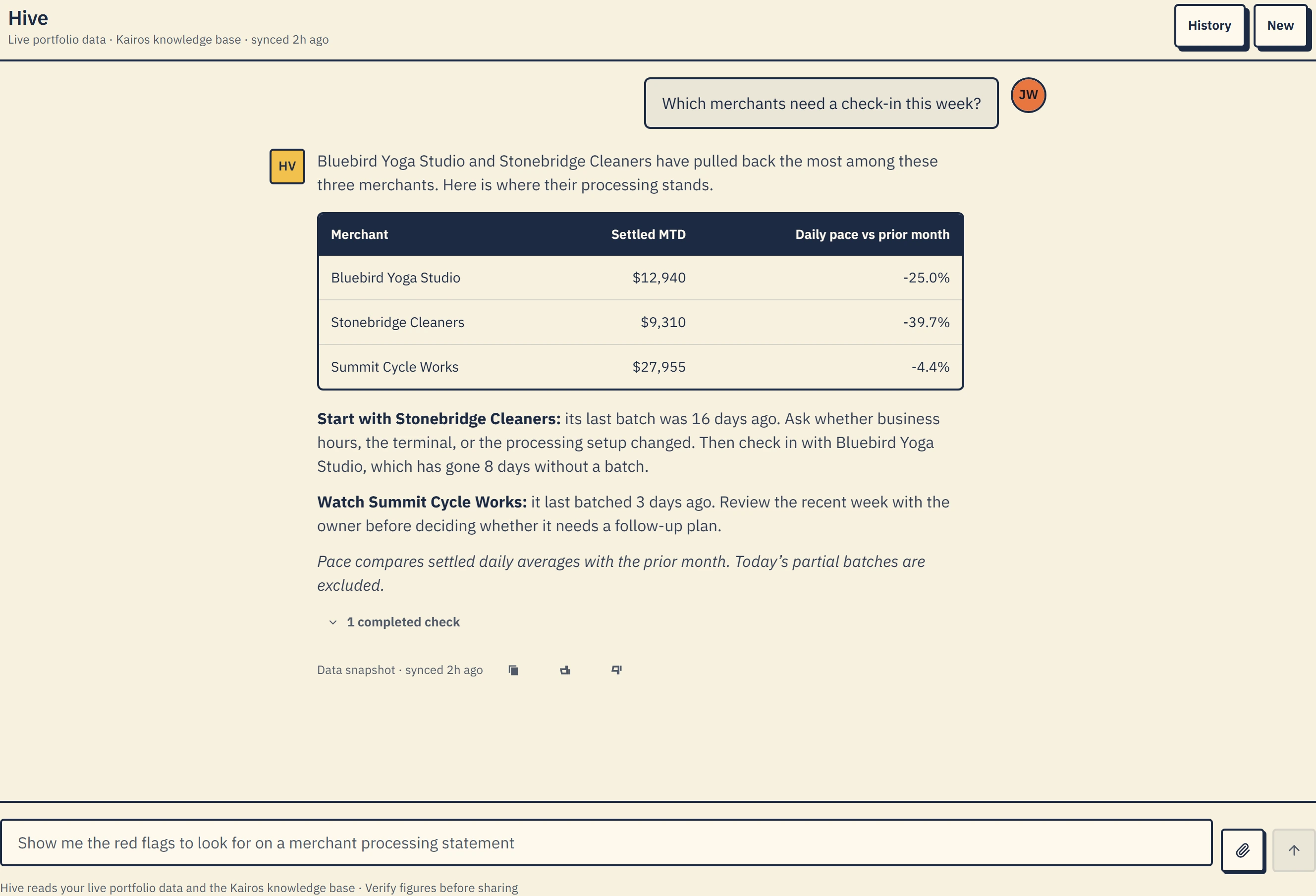 Kairos Hive conversation showing processing figures and follow-up guidance for three sample merchants