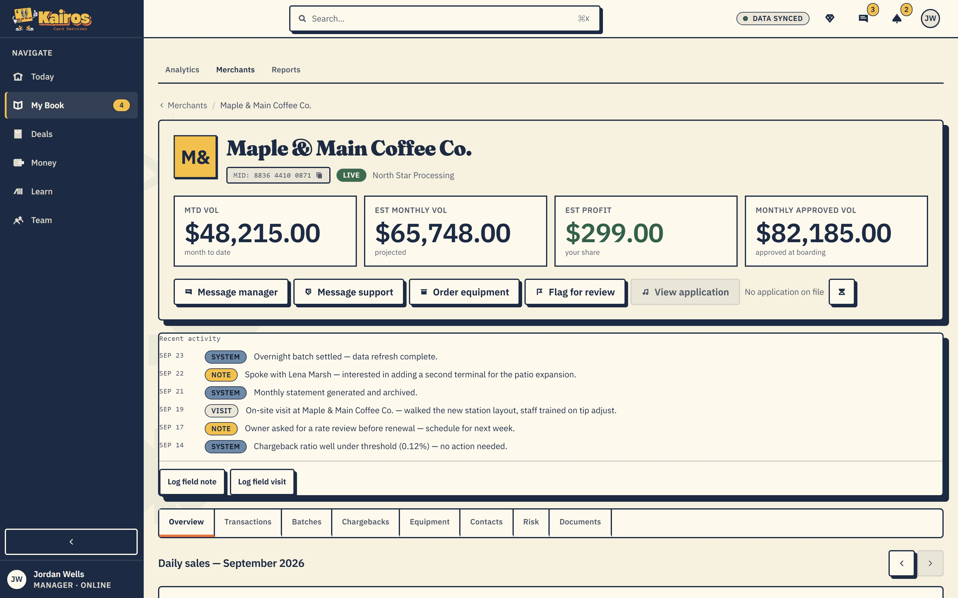 Kontrol Center merchant profile for a sample coffee shop, with account details and processing activity
