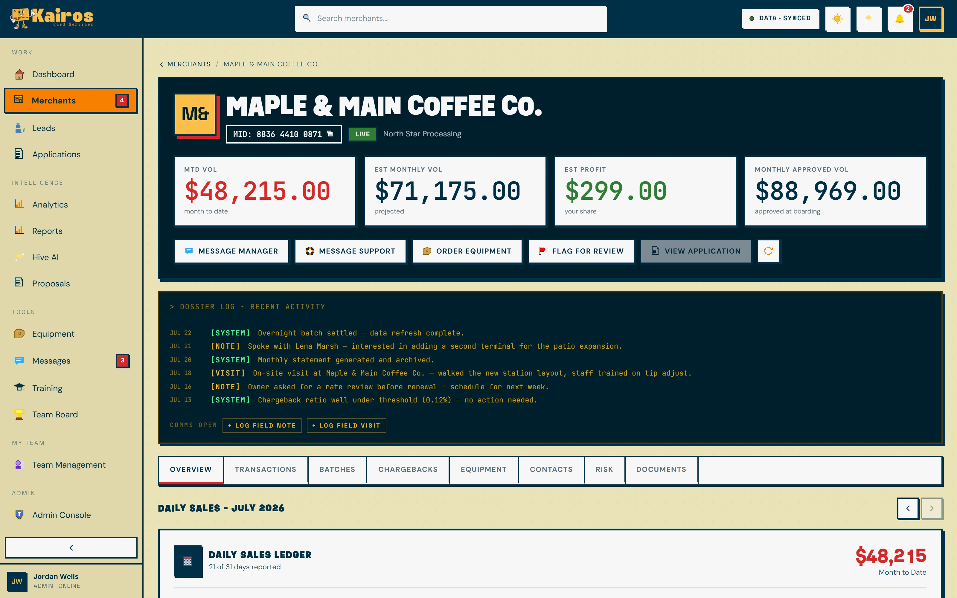 A merchant dossier page in Kontrol Center showing processing history and account details